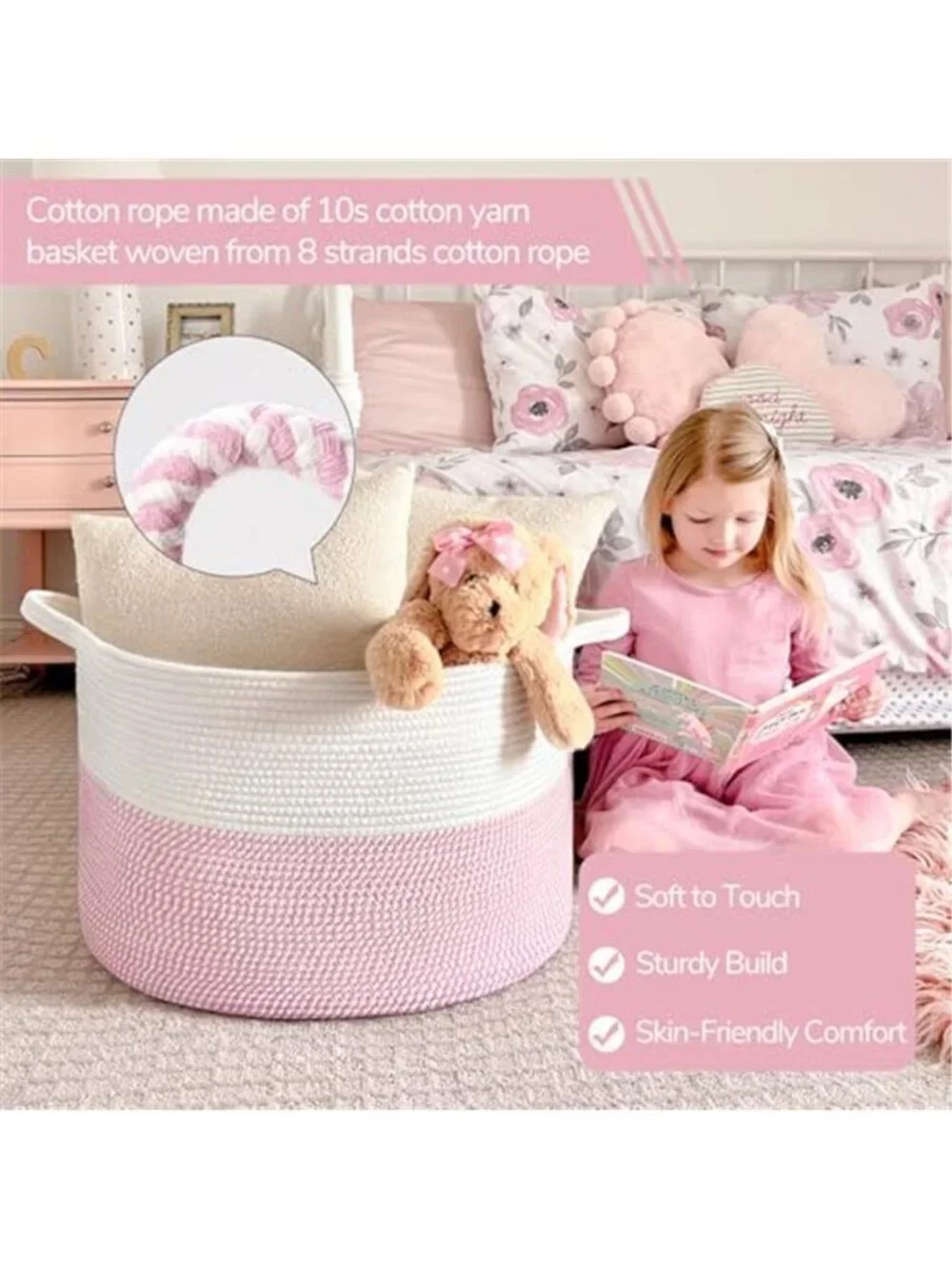 New XXXLarge Woven Rope Blanket Basket Living Room Pink, 90L
